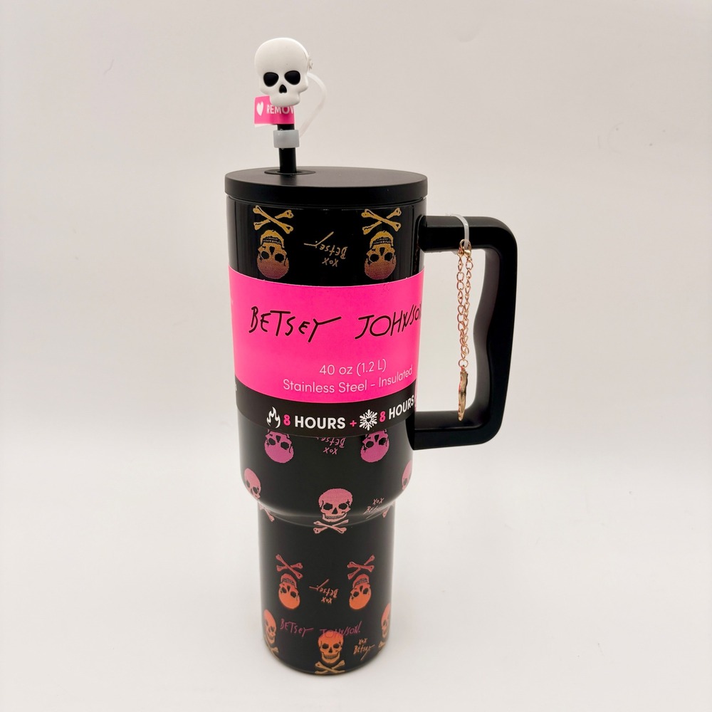Betsey Johnson 40oz Insulated Stainless Halloween Tumbler Skull Print Black Pink
